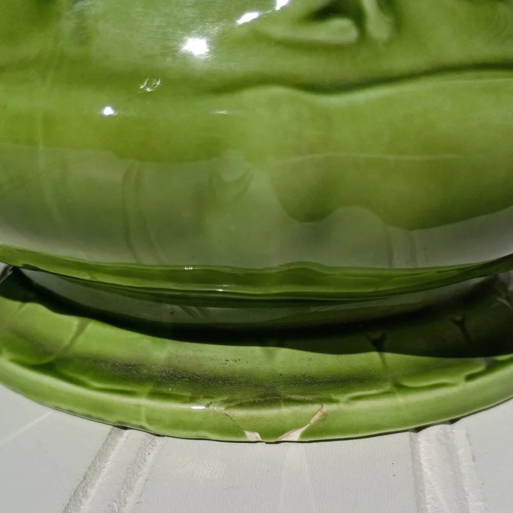 Mid-Century Green Pitcher Relief Pub Horse Scene Embossed Ceramic Signed 1971